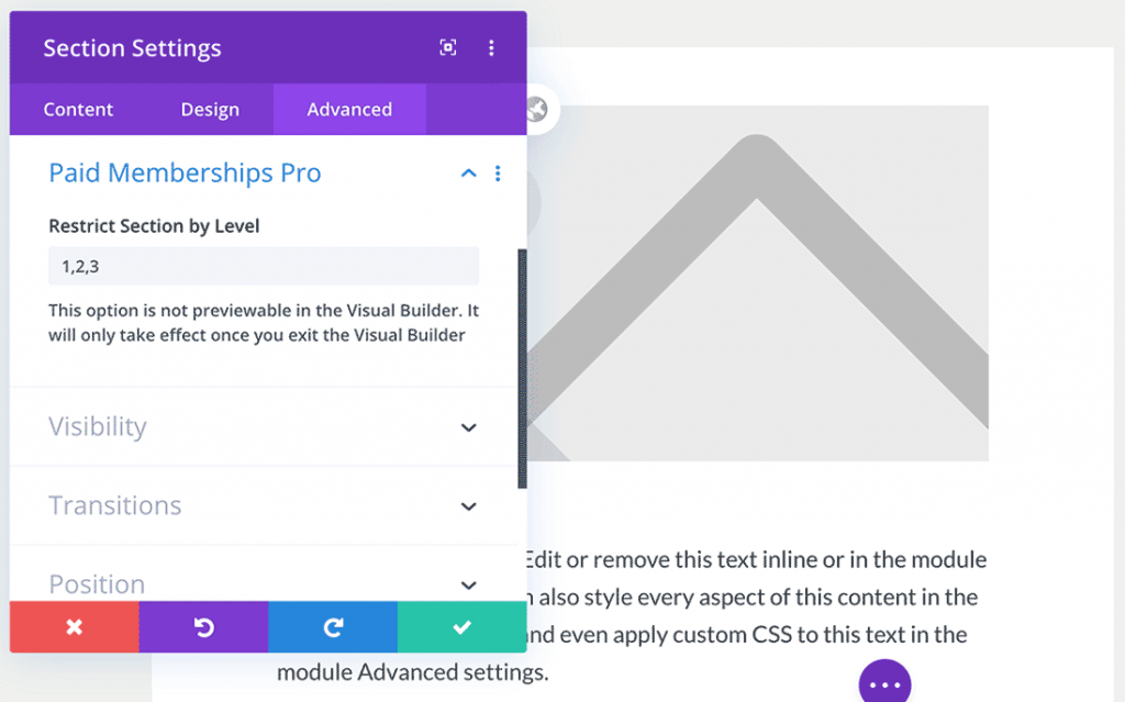 Screenshot of restricting a section for members in Divi builder.