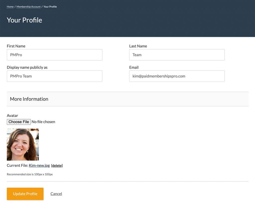 Screenshot of the Member Profile Edit page with the native file upload user field for avatar management