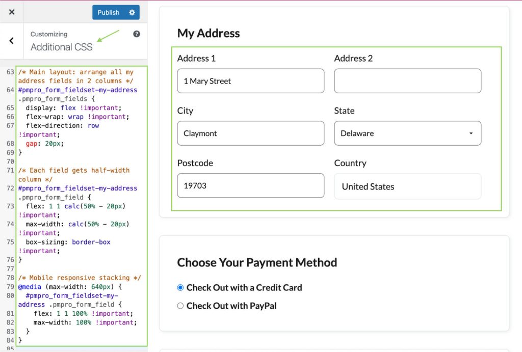 Screenshot of Two Column CSS for My Address in PMPro Edit Profile