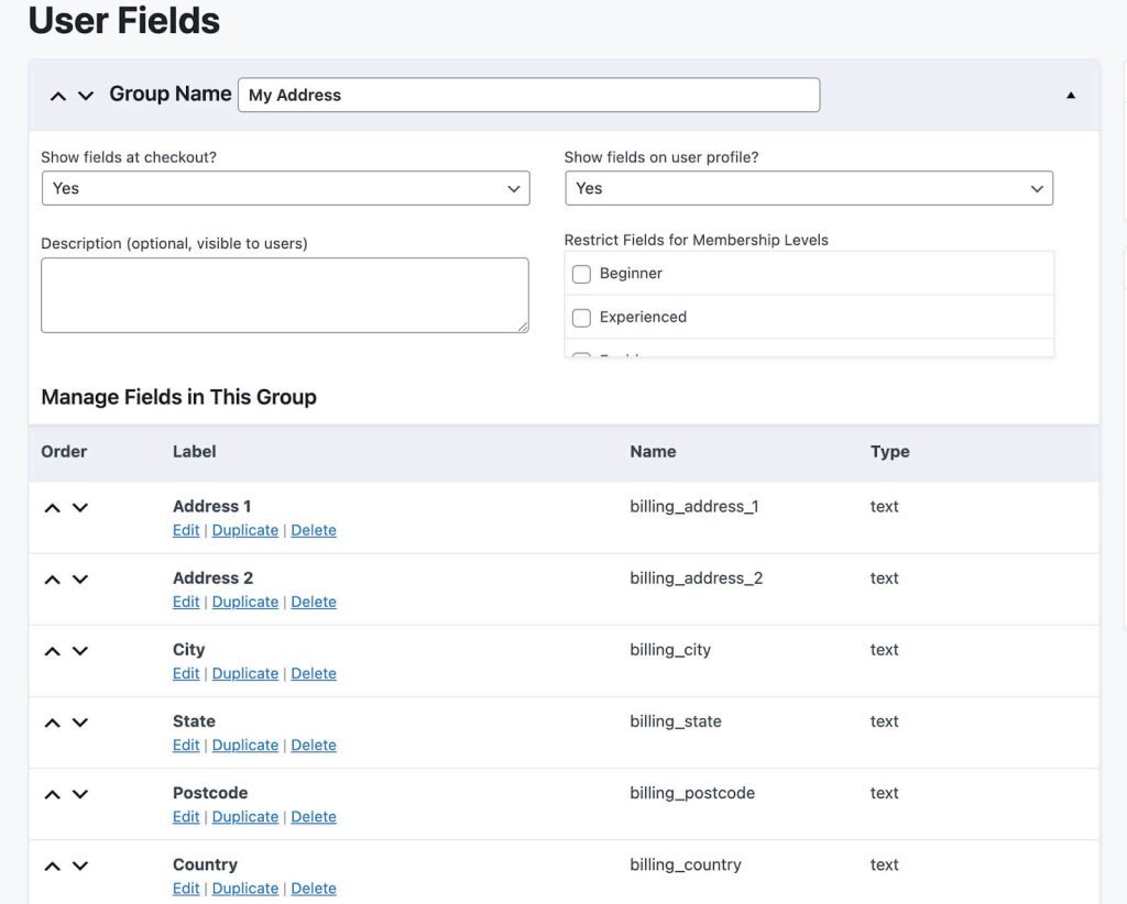 Screenshot of PMPro My Address User Fields and Woocommerce Meta Keys