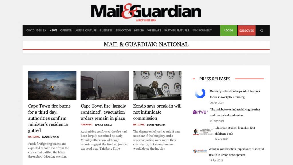 Screenshot of Mail & Guardian- South African Local News Source
