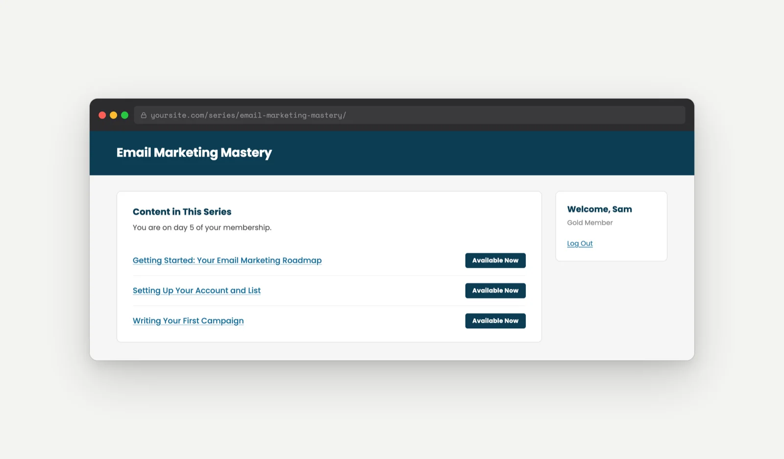 Series listing page after the recipe is added: only the three currently accessible posts are shown, with no upcoming or locked items visible