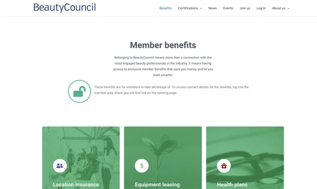 BeautyCouncil Website Screenshot: Association Membership Benefits