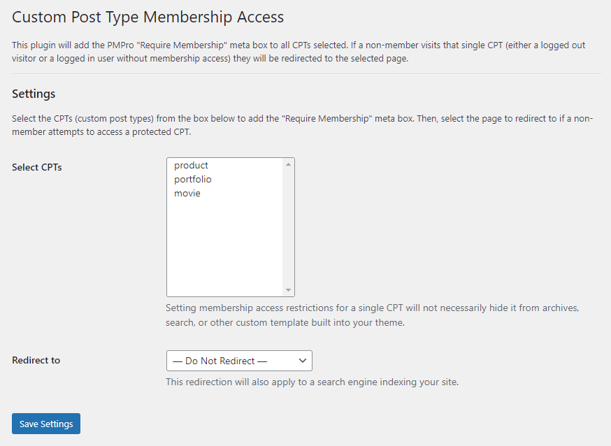 Screenshot of Custom Post Type Membership Access Settings
