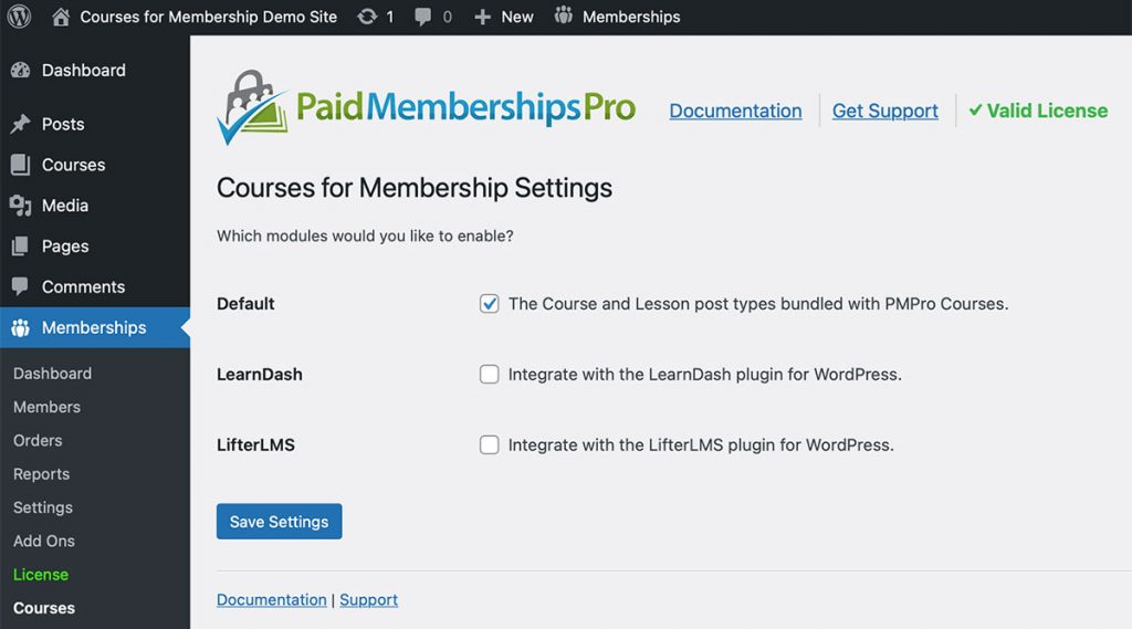Settings page to enable course modules for built-in CPT, LearnDash, and LifterLMS.