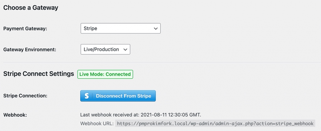 Stripe settings for connected site in WordPress admin