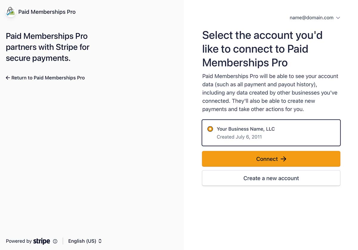 Log in to your existing Stripe account and select the account to connect at Stripe