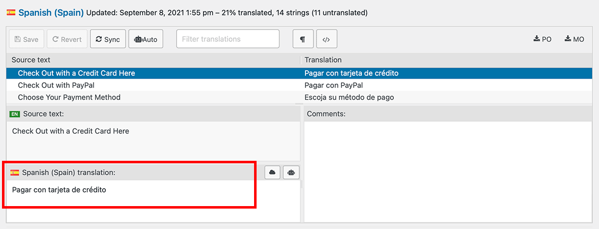 Loco Translate settings screen for updating individual translations