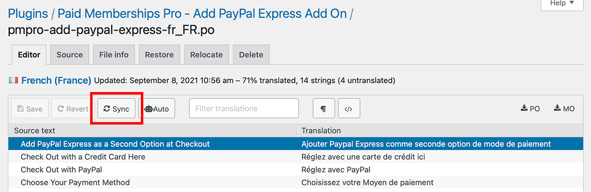 Loco Translate settings to sync strings to your language files.