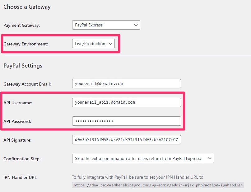 Choose a Gateway Settings to check Gateway Environment, API Username and API Password