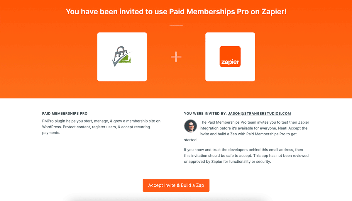 Screenshot of the Paid Memberships Pro + Zapier App Invite Page