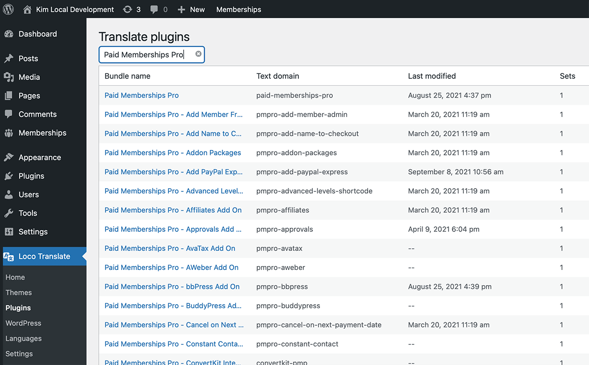 Loco Translate settings page for selecting a plugin to translate.