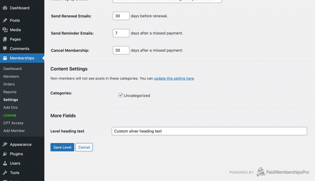 Custom field on the Edit Membership Level page in the WordPress admin