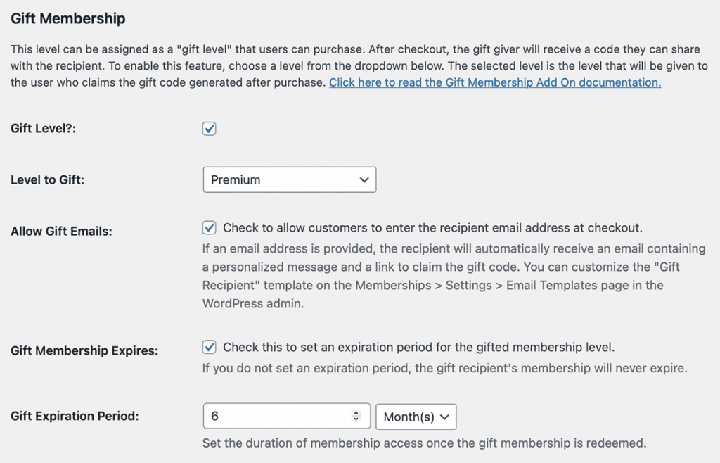 Gift Membership edit membership level settings for customizing the gift level