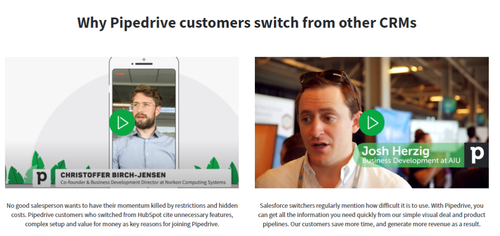 Pipedrive Uses Customer Testimonials as a Form of Social Proof