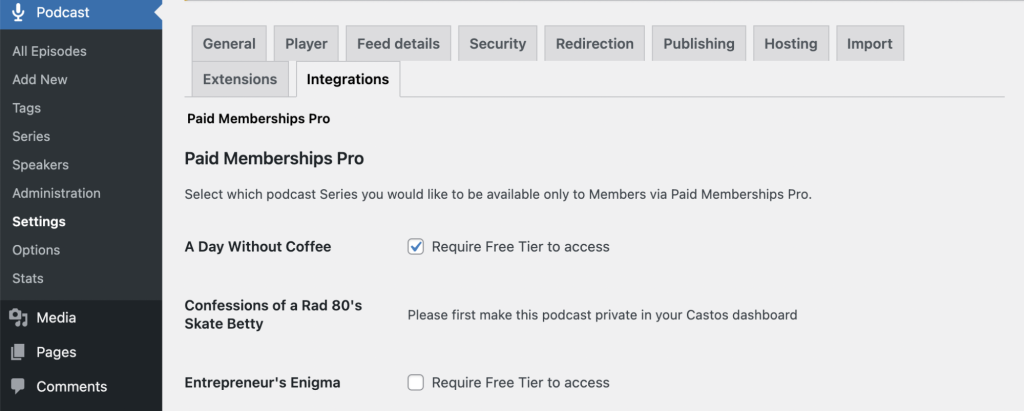 Castos and Paid Memberships Pro integration settings page