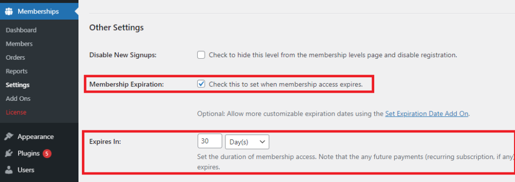 Filling the Expires In Fields While Setting Up a Free Trial That Expires 