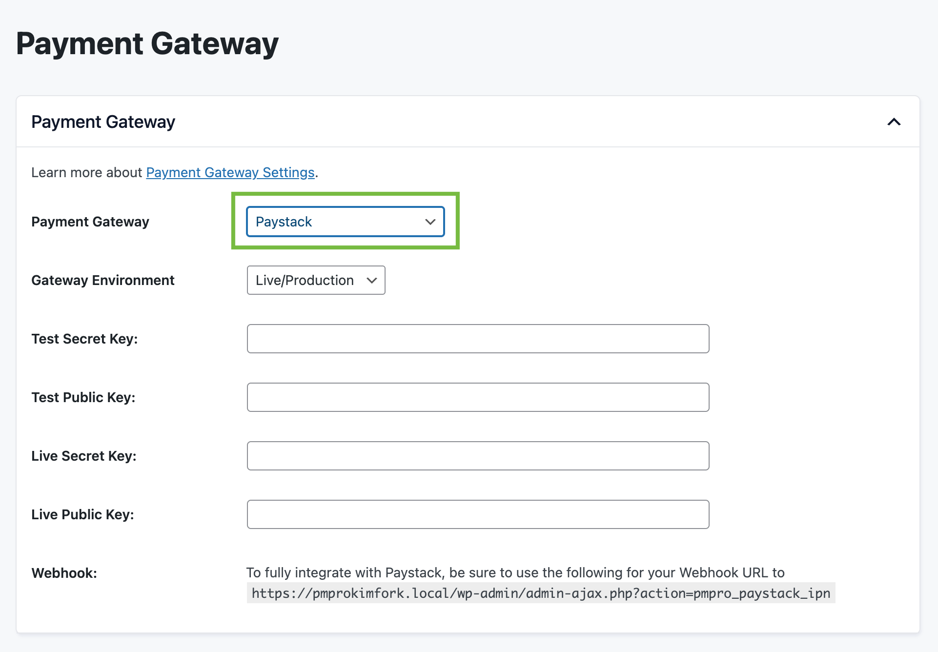 Screenshot of the Memberships > Settings > Payment Gateway settings page with Paystack selected