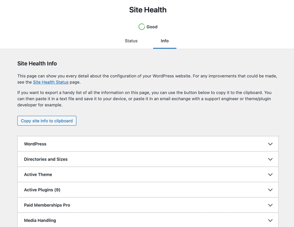 Screenshot of the WordPress Site Health Screen