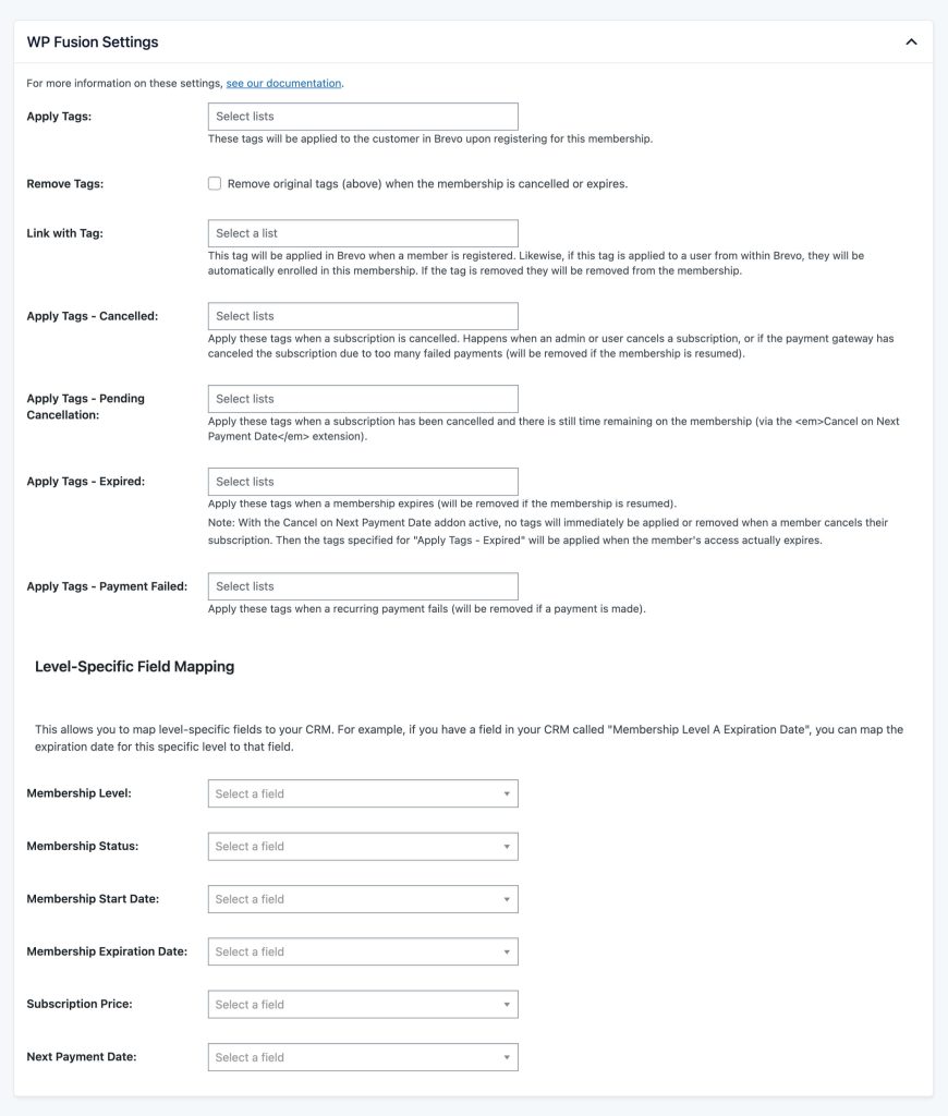 Screenshot of the WP Fusion Settings within a membership level settings.