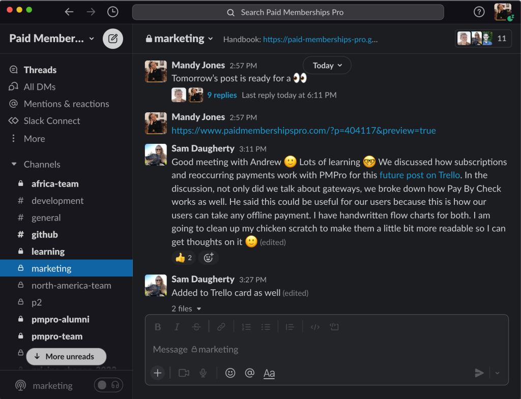 Screenshot of Slack messages