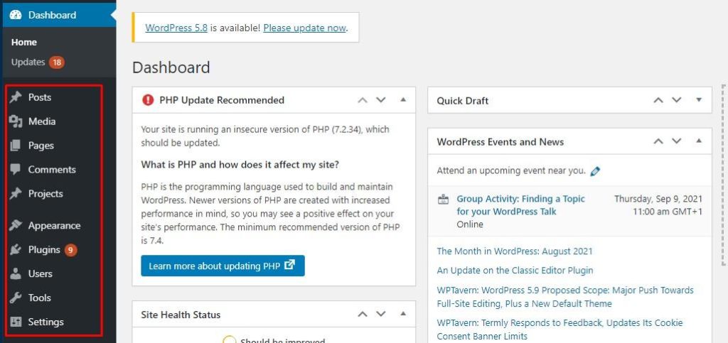 Screenshot of the WordPress dashboard with the Admin role