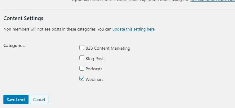 Screenshot of the Paid Memberships Pro content settings