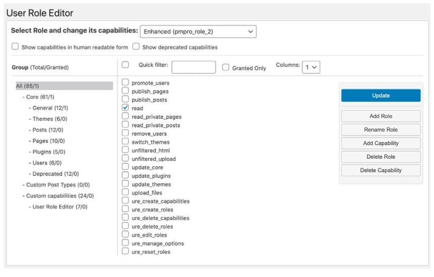 Screenshot of the User Role Editor in WordPress