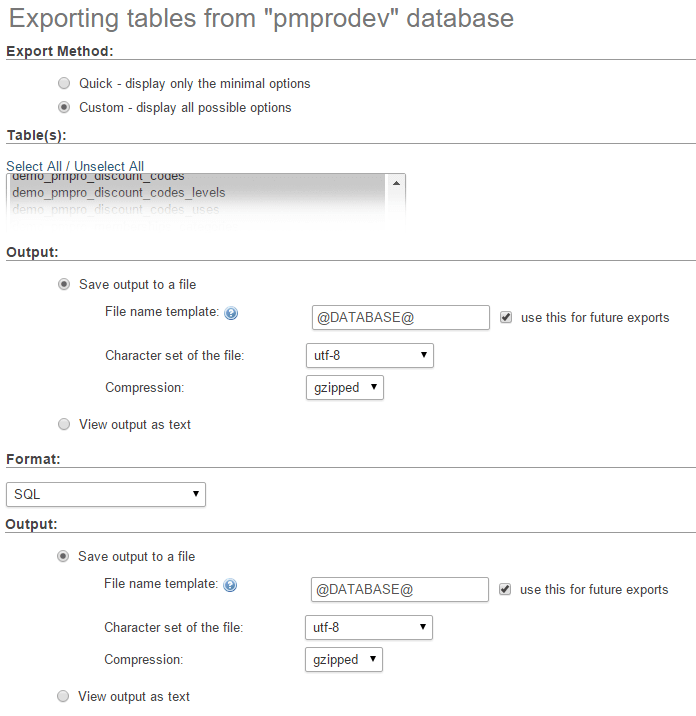 Exporting tables from "pmprodev" database settings