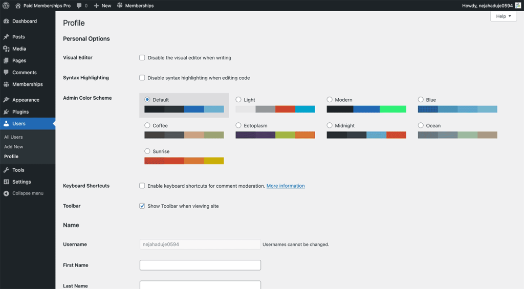 Example access for Administrator role in WordPress admin