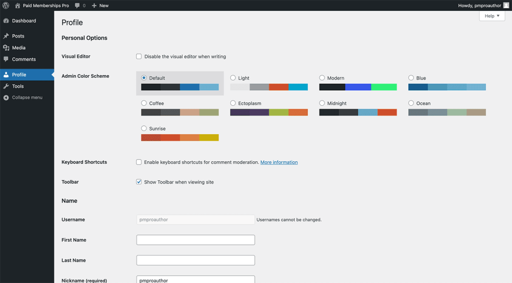 Example access for Author role in WordPress admin