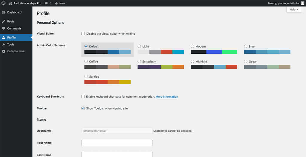 Example access for Contributor role in WordPress admin