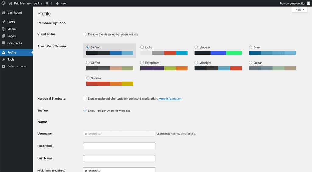 Example access for Editor role in WordPress admin