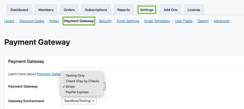Screenshot of Payment Gateway options in Core Paid Memberships Pro in Payment Gateway Settings