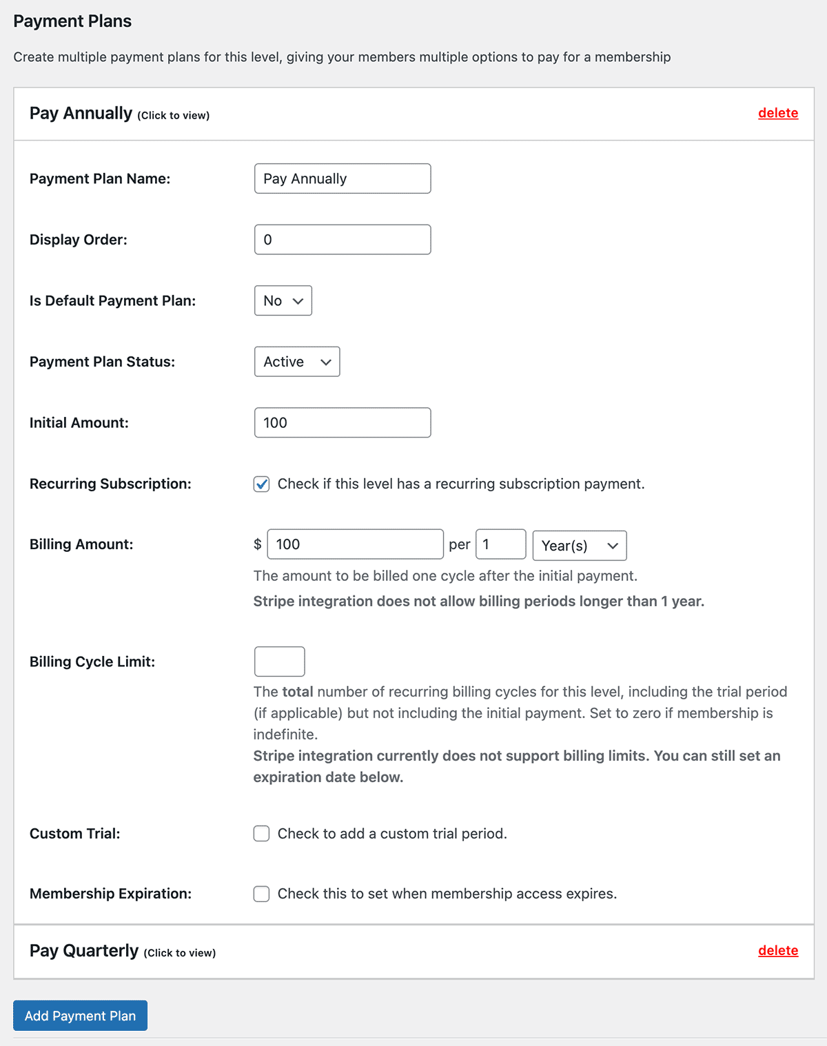 Expanded view to edit a single payment plan on the Memberships > Settings > Edit Membership Level admin page