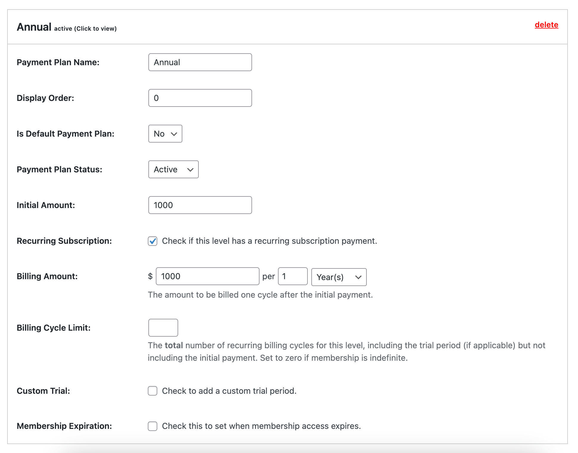Expanded view to edit a single payment plan on the Memberships > Settings > Edit Membership Level admin page