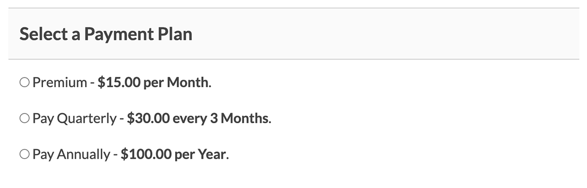 Membership Checkout page with a radio to select which payment plan the member would like.