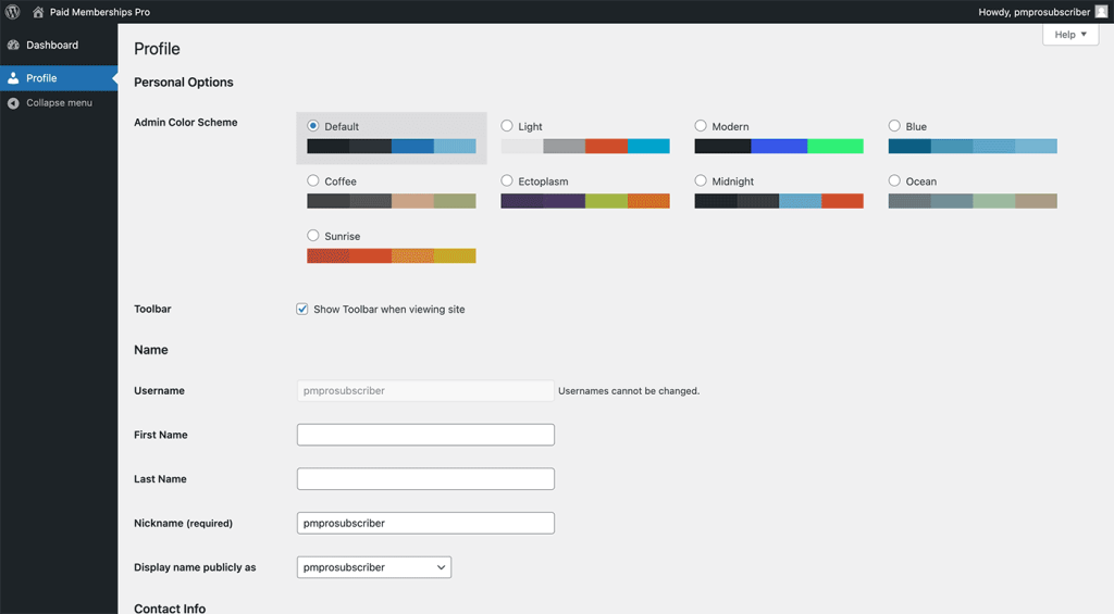 Example access for Subscriber role in WordPress admin