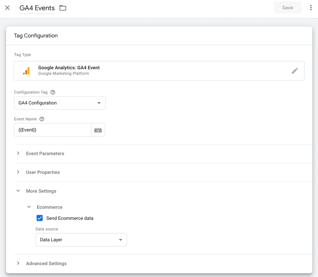 Screenshot of the Google Tag Manager New Tag for GA4 Events with Tag Configuration