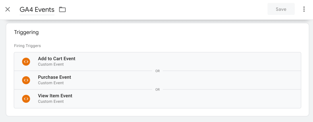 Screenshot of the Google Tag Manager New Tag GA4 Events with Custom Events as Triggering