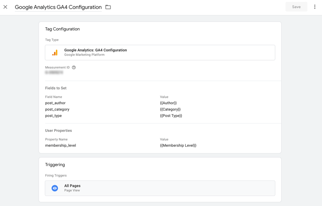 GTM setup for GA4 using user-defined variables via the data layer.