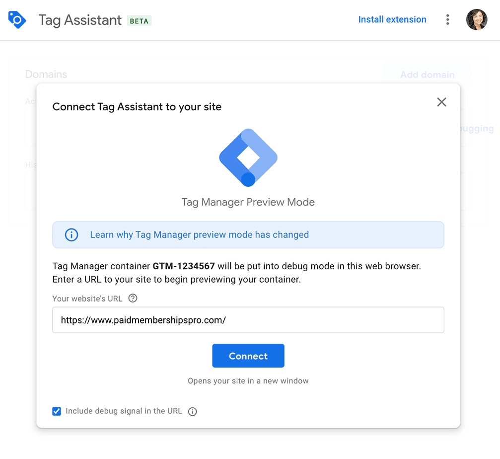 Screenshot of the GTM Preview mode Tag Assistant to connect your website by URL