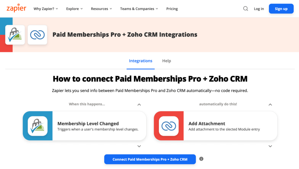 Connecting ZOHO CRM and Paid Memberships Pro in Zapier