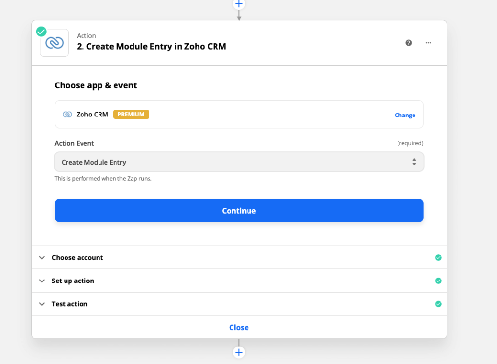 Configuring the Create Module Entry action for ZOHO CRM in Zapier