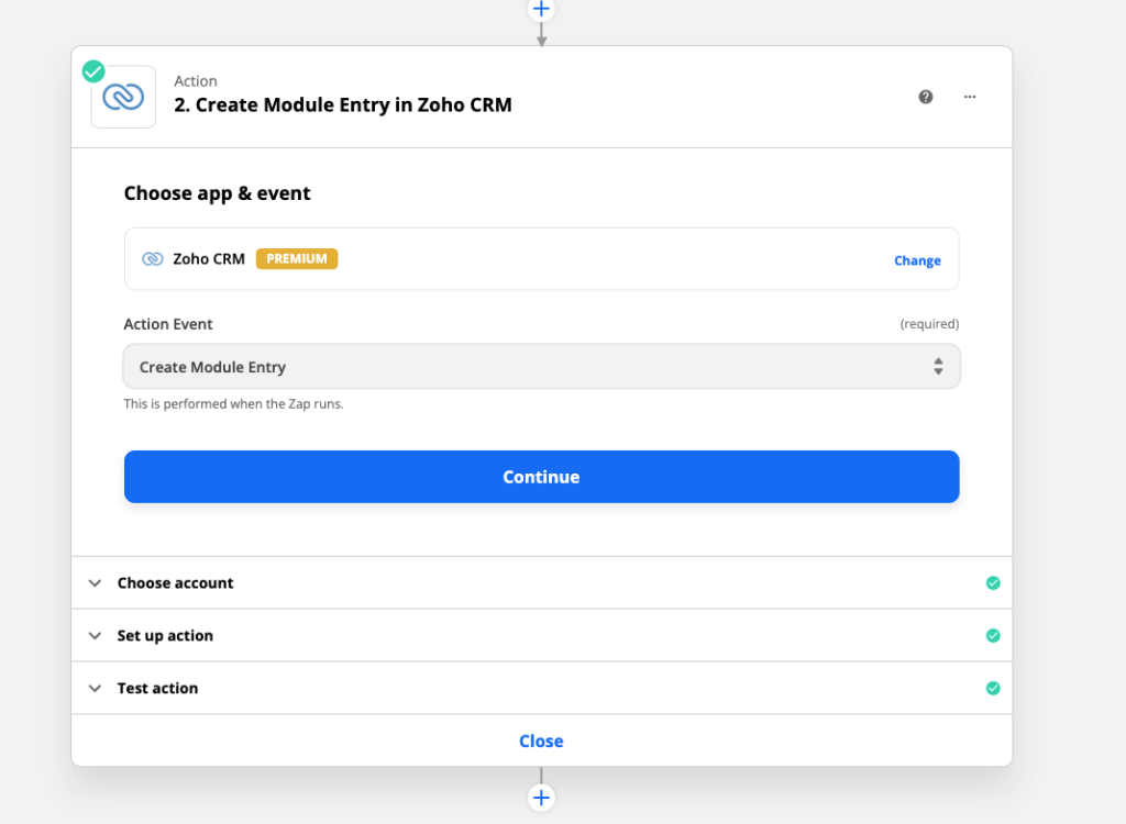 Configuring the Create Module Entry action for ZOHO CRM in Zapier 