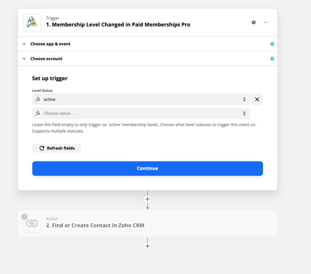 Setting up a membership level changed trigger for Paid Memberships Pro in Zapier