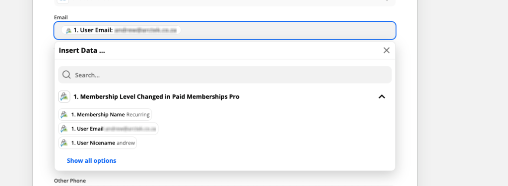 Select your Paid Memberships Pro Zap to add dynamic data in Zapier