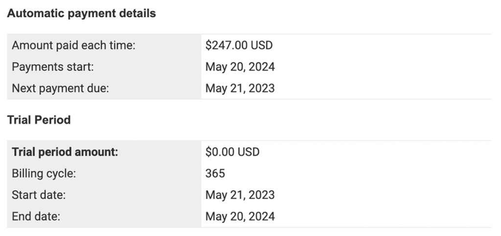Screenshot of the PayPal New Payment Profile Email with Trial Period