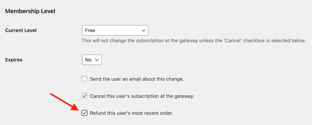 Refund a user from the Users > Edit User screen in WordPress