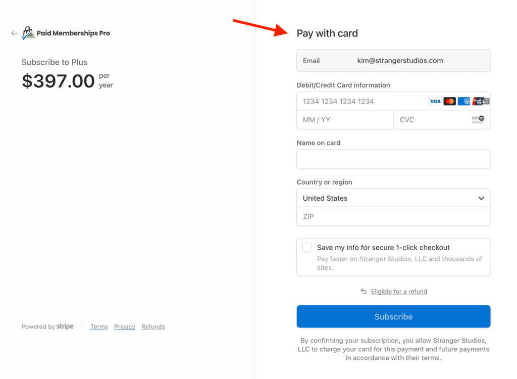 Stripe Checkout example screenshot for PMPro